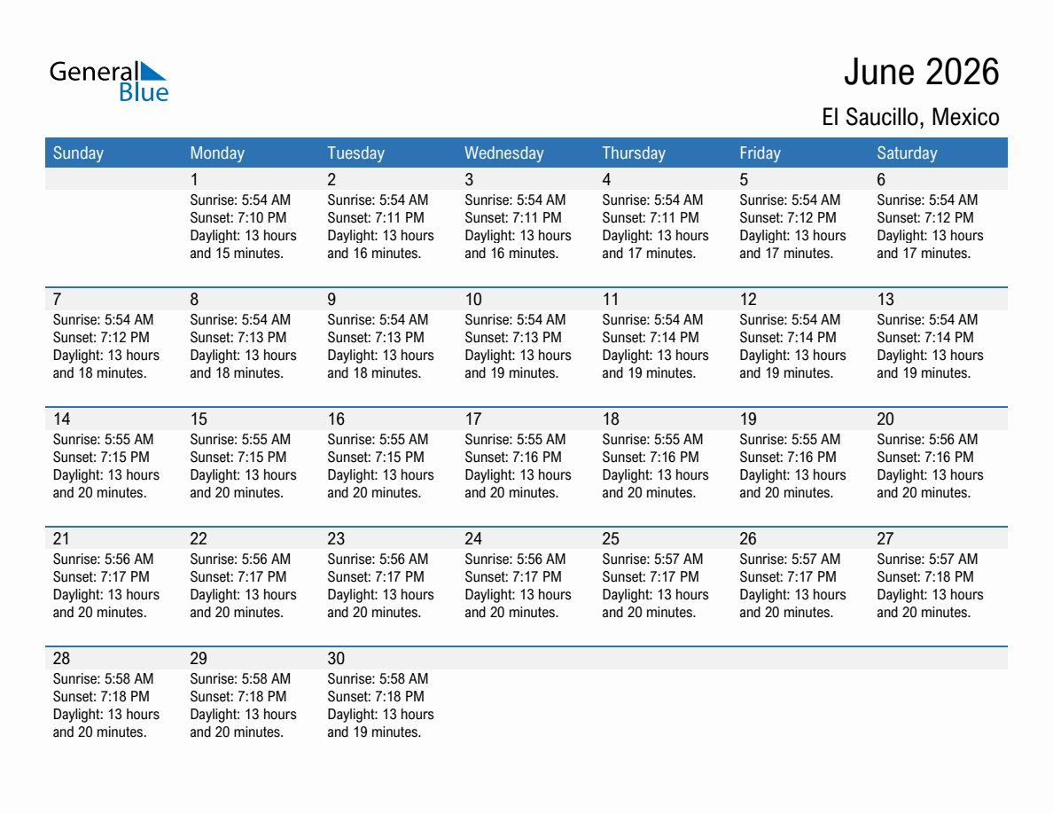 June 2026 sunrise and sunset calendar for El Saucillo
