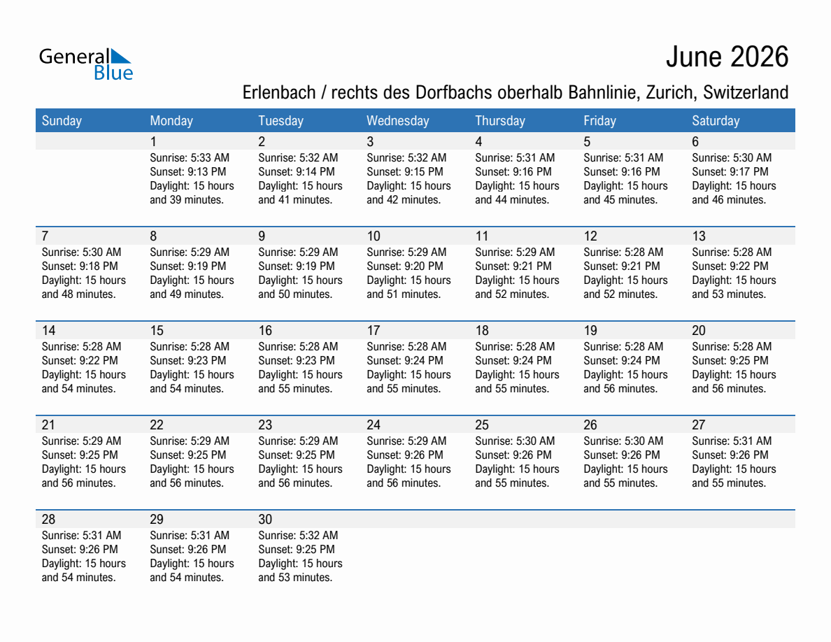 June 2026 sunrise and sunset calendar for Erlenbach / rechts des Dorfbachs oberhalb Bahnlinie