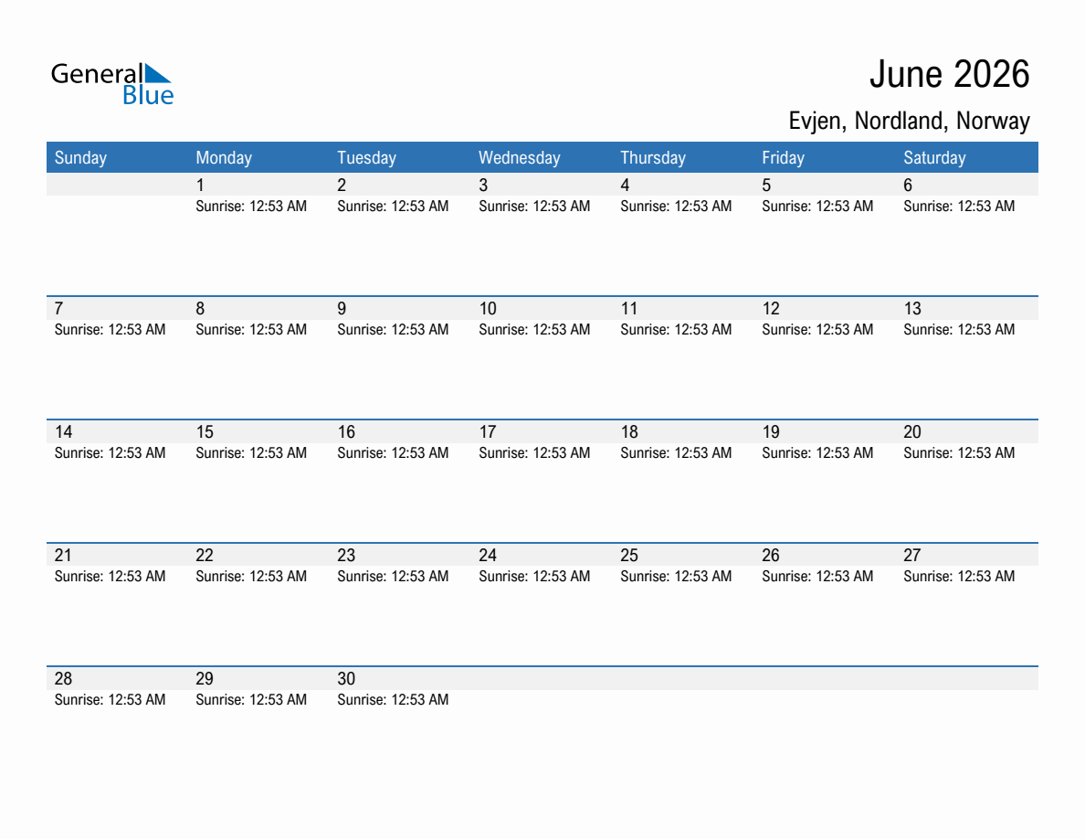 June 2026 sunrise and sunset calendar for Evjen