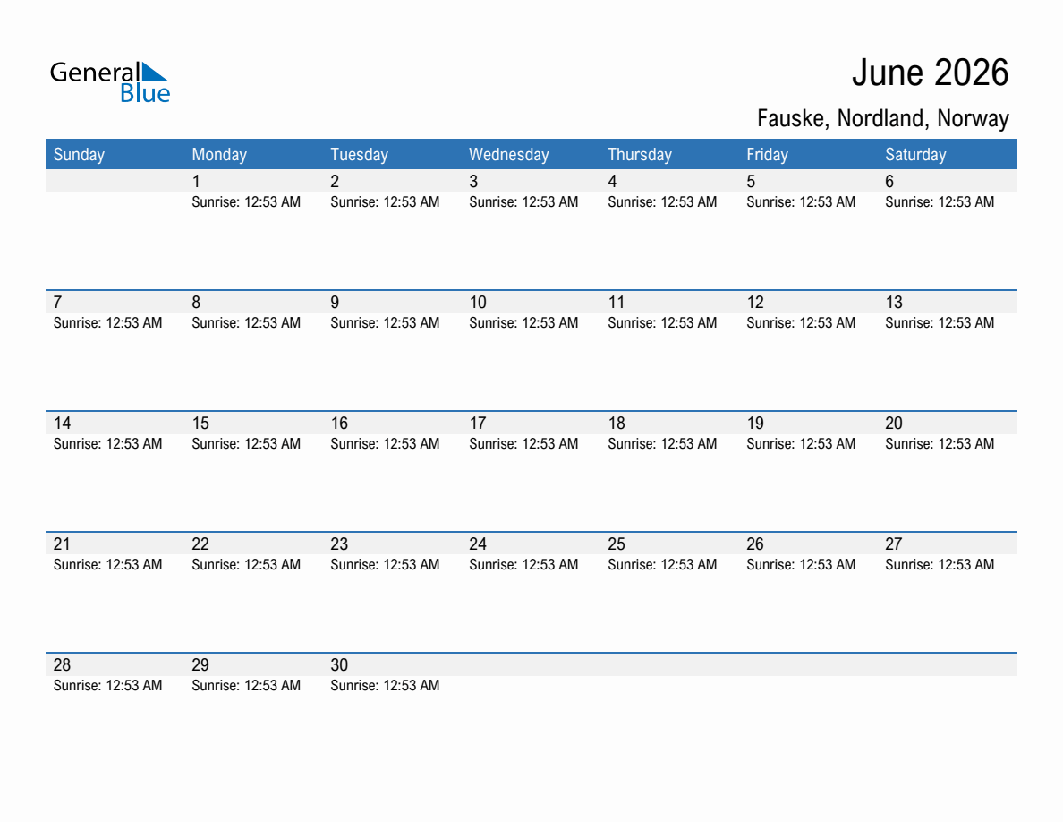 June 2026 sunrise and sunset calendar for Fauske