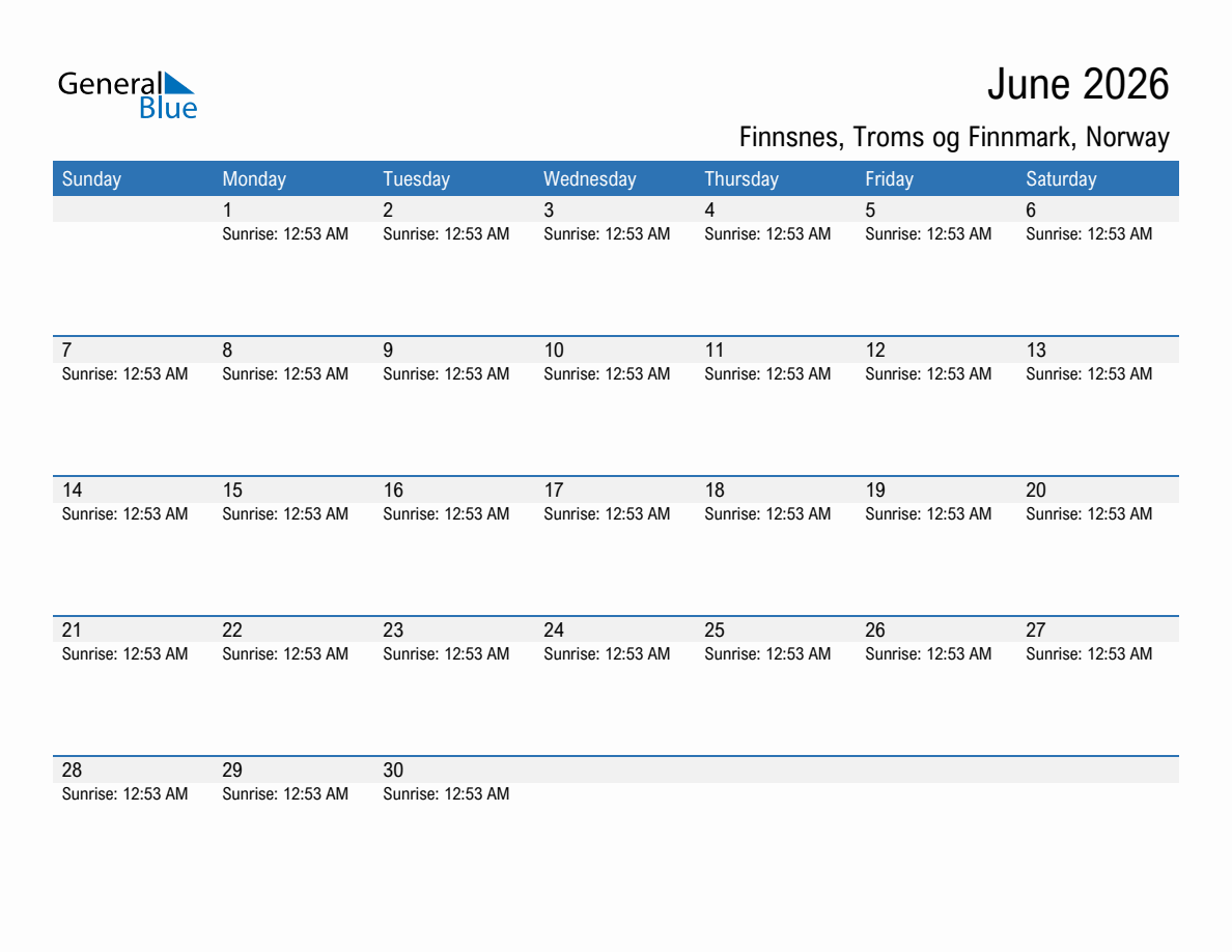 June 2026 sunrise and sunset calendar for Finnsnes