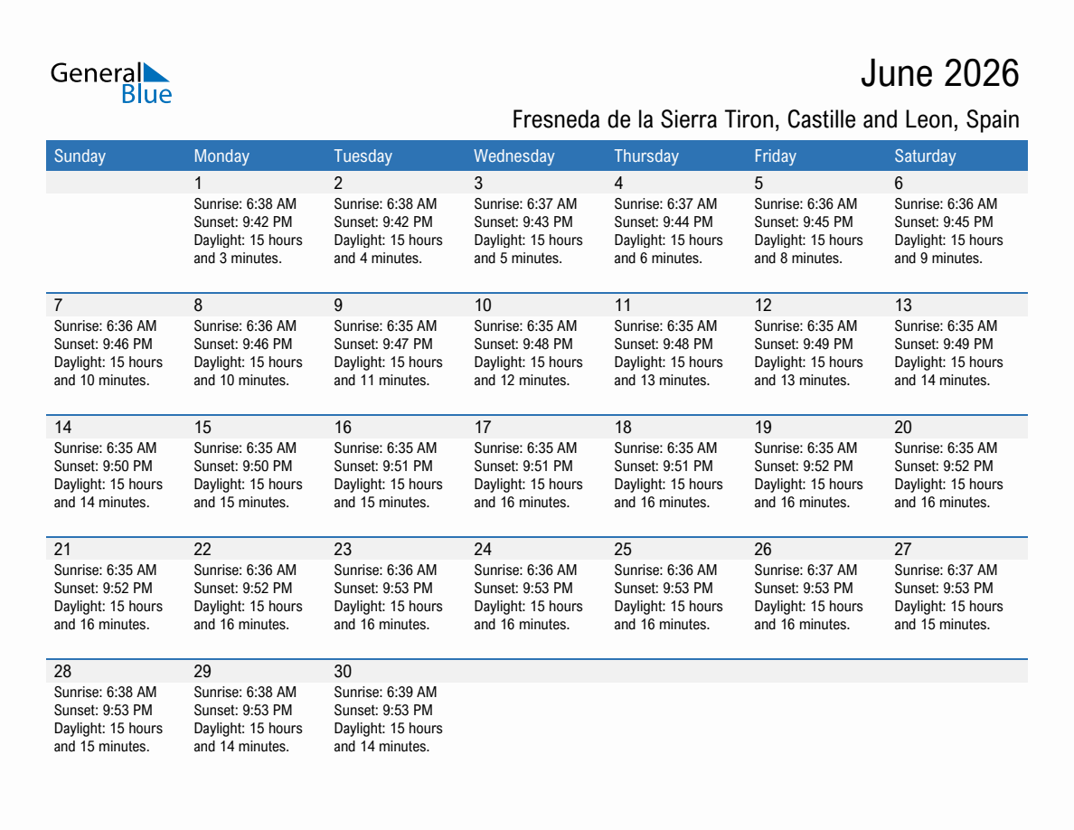 June 2026 sunrise and sunset calendar for Fresneda de la Sierra Tiron