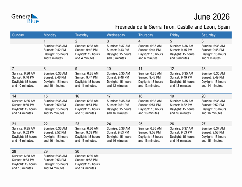 Fresneda de la Sierra Tiron June 2026 sunrise and sunset calendar in PDF, Excel, and Word