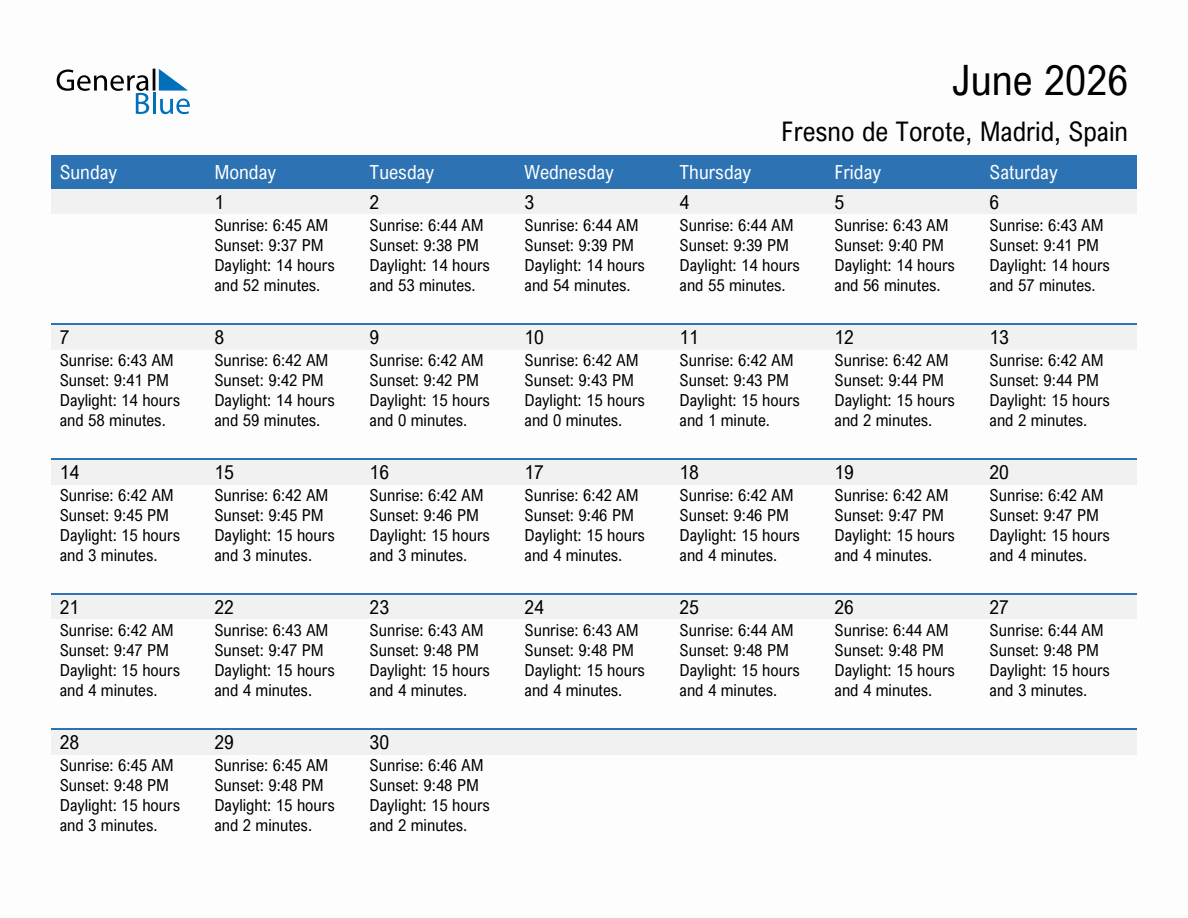 June 2026 sunrise and sunset calendar for Fresno de Torote
