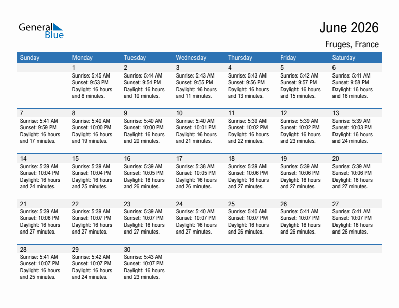 Fruges June 2026 sunrise and sunset calendar in PDF, Excel, and Word