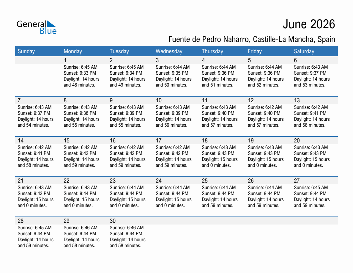 June 2026 sunrise and sunset calendar for Fuente de Pedro Naharro