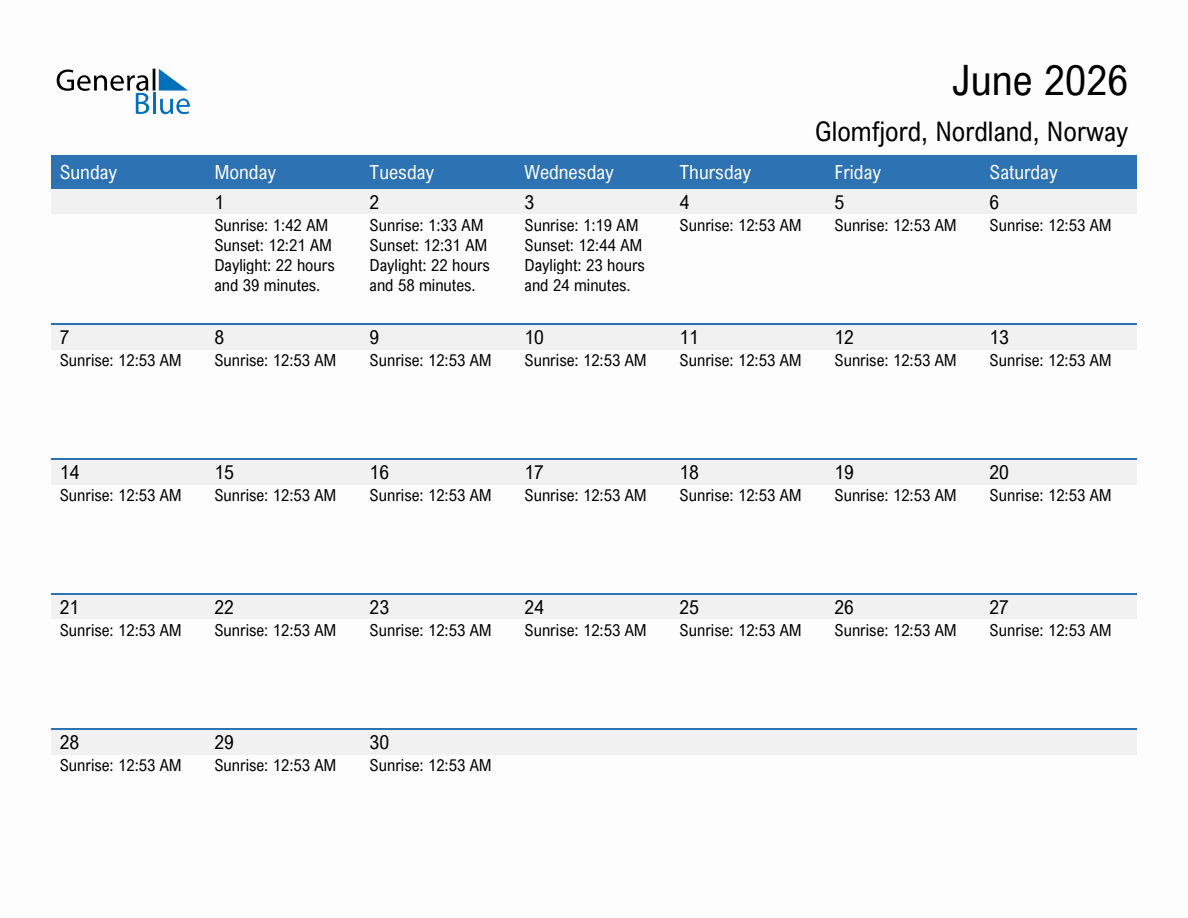 June 2026 sunrise and sunset calendar for Glomfjord