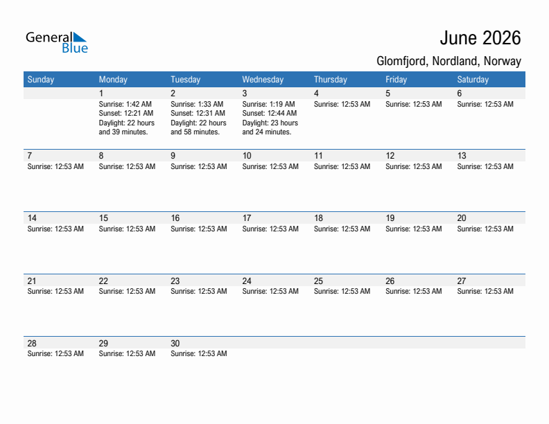 Glomfjord June 2026 sunrise and sunset calendar in PDF, Excel, and Word