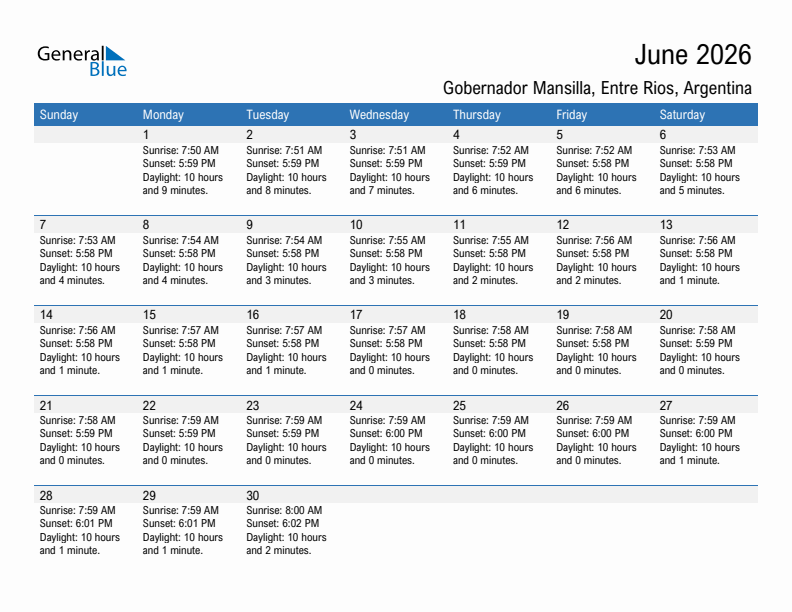 Gobernador Mansilla June 2026 sunrise and sunset calendar in PDF, Excel, and Word