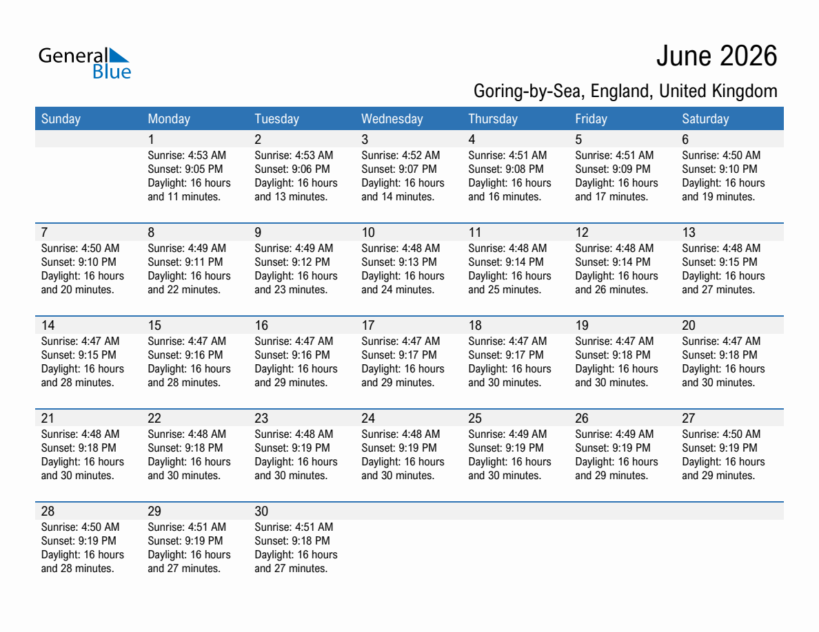 June 2026 sunrise and sunset calendar for Goring-by-Sea