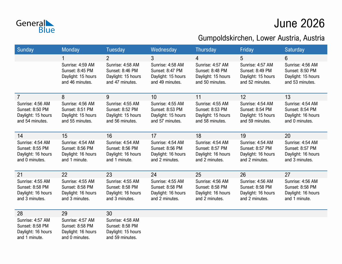 June 2026 sunrise and sunset calendar for Gumpoldskirchen