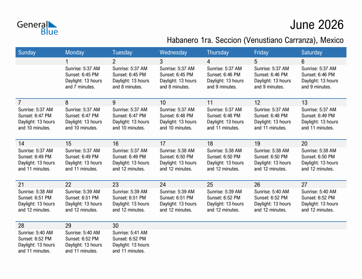 June 2026 sunrise and sunset calendar for Habanero 1ra. Seccion (Venustiano Carranza)