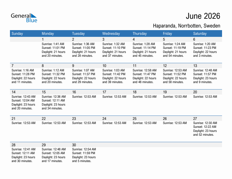 Haparanda June 2026 sunrise and sunset calendar in PDF, Excel, and Word