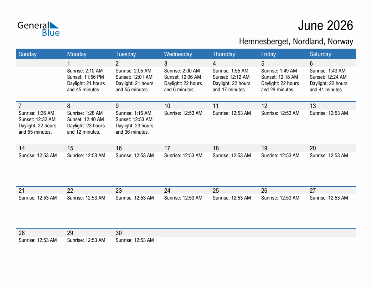 June 2026 sunrise and sunset calendar for Hemnesberget