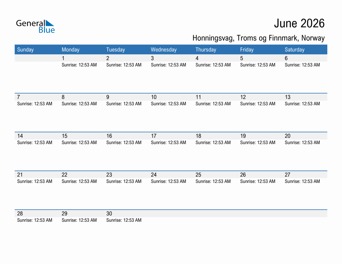 June 2026 sunrise and sunset calendar for Honningsvag