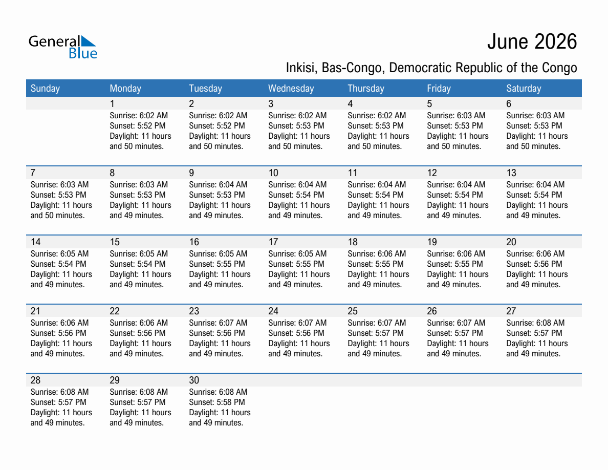 June 2026 sunrise and sunset calendar for Inkisi