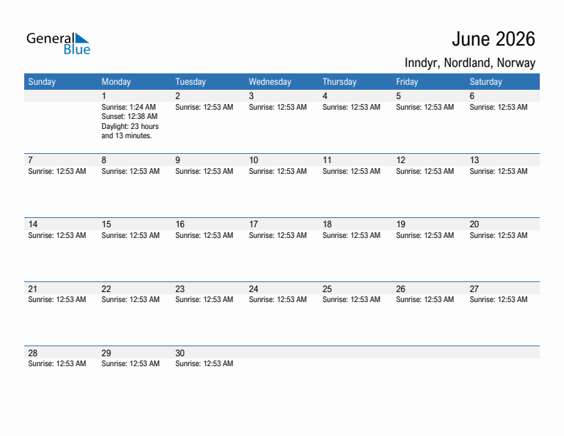 Inndyr June 2026 sunrise and sunset calendar in PDF, Excel, and Word