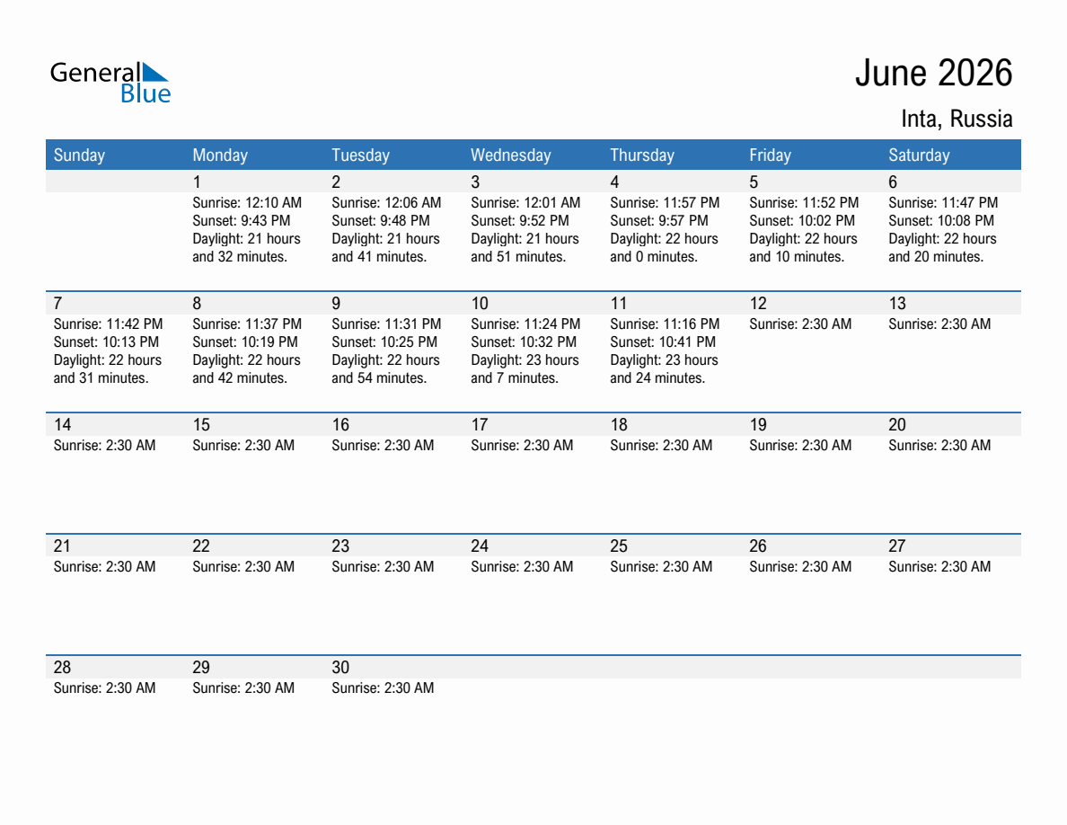 June 2026 sunrise and sunset calendar for Inta