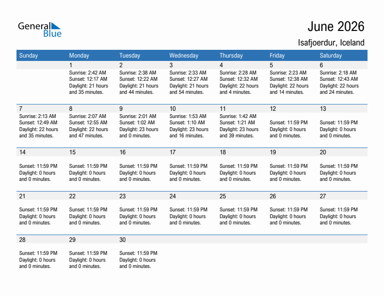 Isafjoerdur June 2026 sunrise and sunset calendar in PDF, Excel, and Word