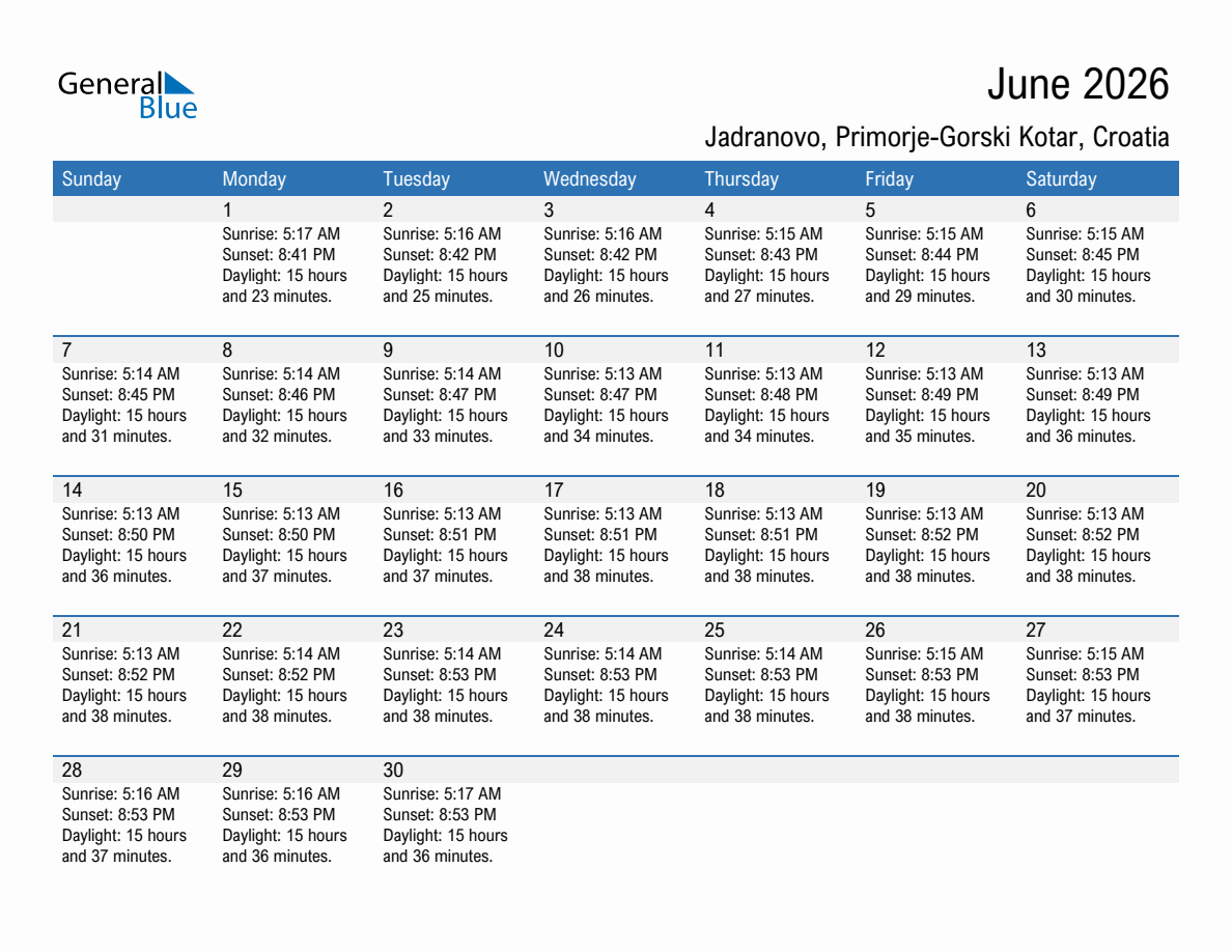 June 2026 sunrise and sunset calendar for Jadranovo