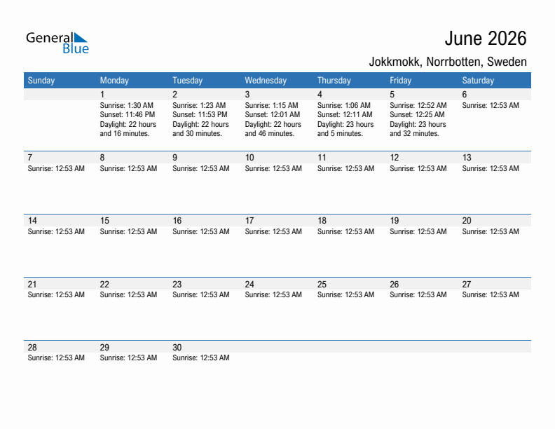 Jokkmokk June 2026 sunrise and sunset calendar in PDF, Excel, and Word
