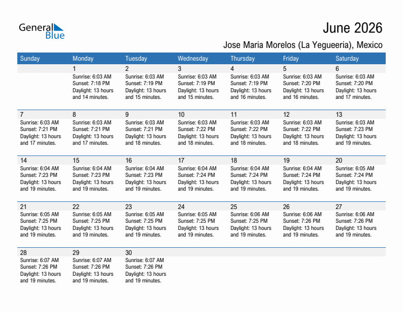 Jose Maria Morelos (La Yegueeria) June 2026 sunrise and sunset calendar in PDF, Excel, and Word