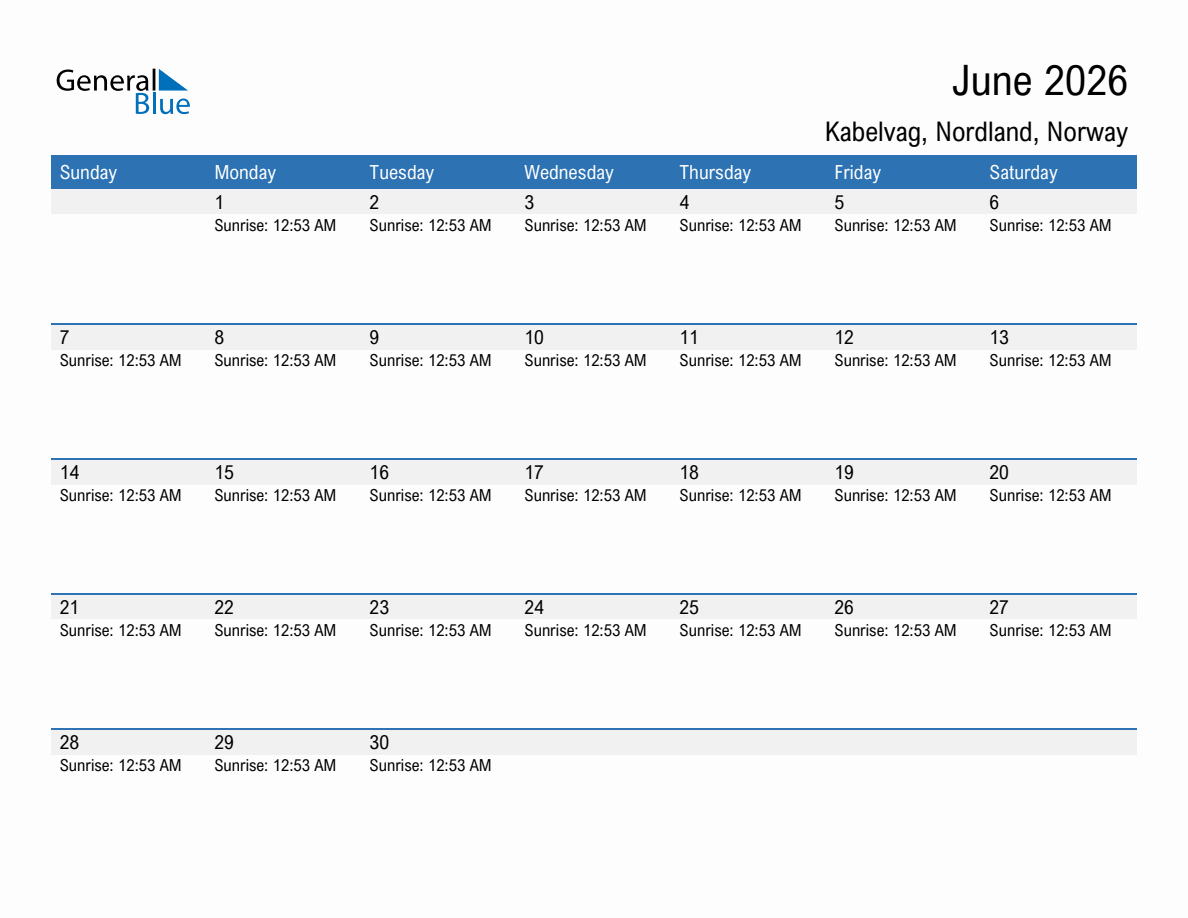 June 2026 sunrise and sunset calendar for Kabelvag