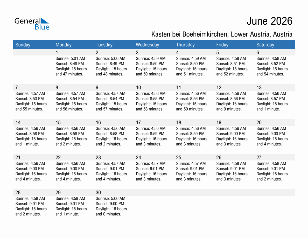 June 2026 sunrise and sunset calendar for Kasten bei Boeheimkirchen