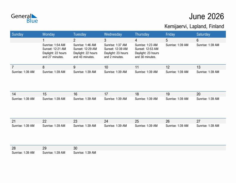 Kemijaervi June 2026 sunrise and sunset calendar in PDF, Excel, and Word