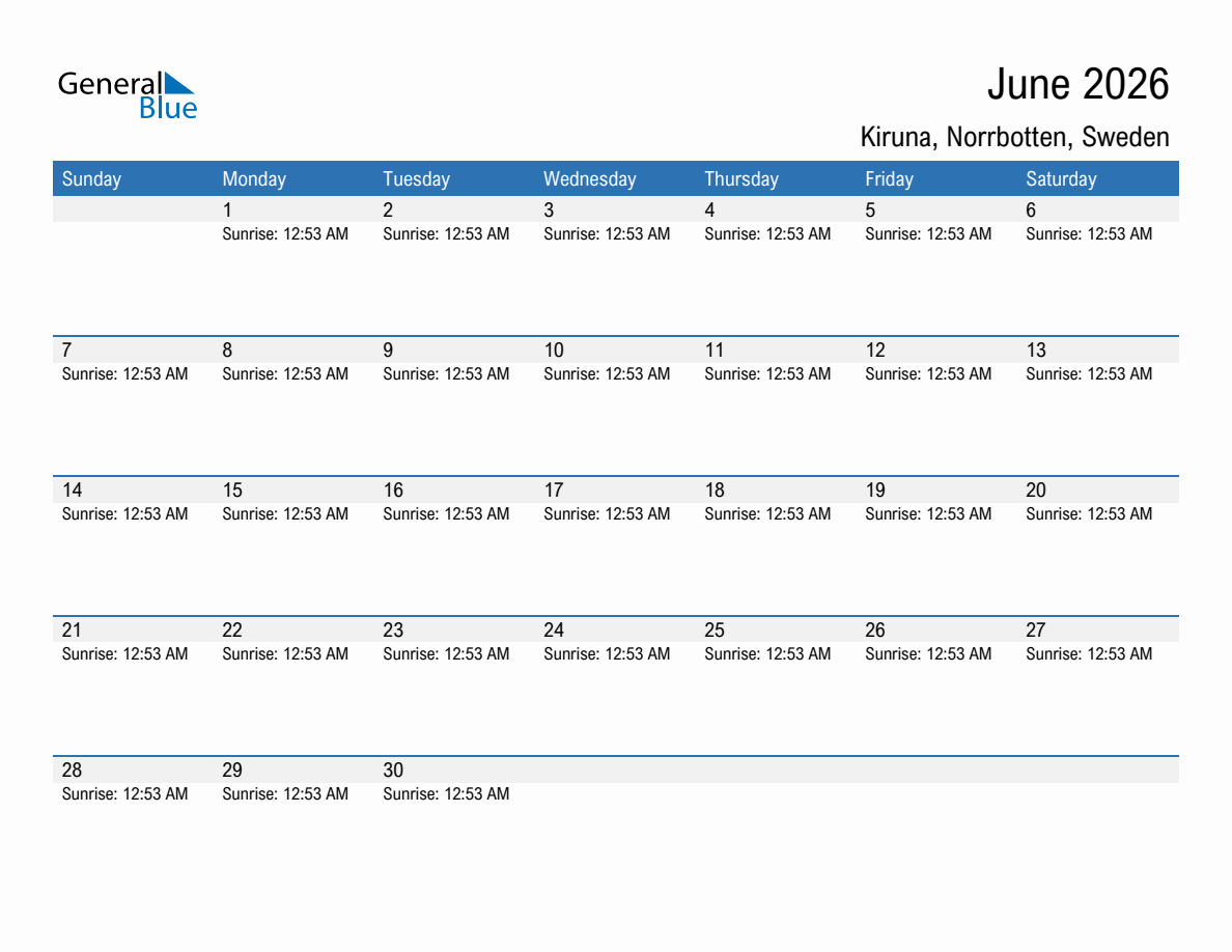 June 2026 sunrise and sunset calendar for Kiruna