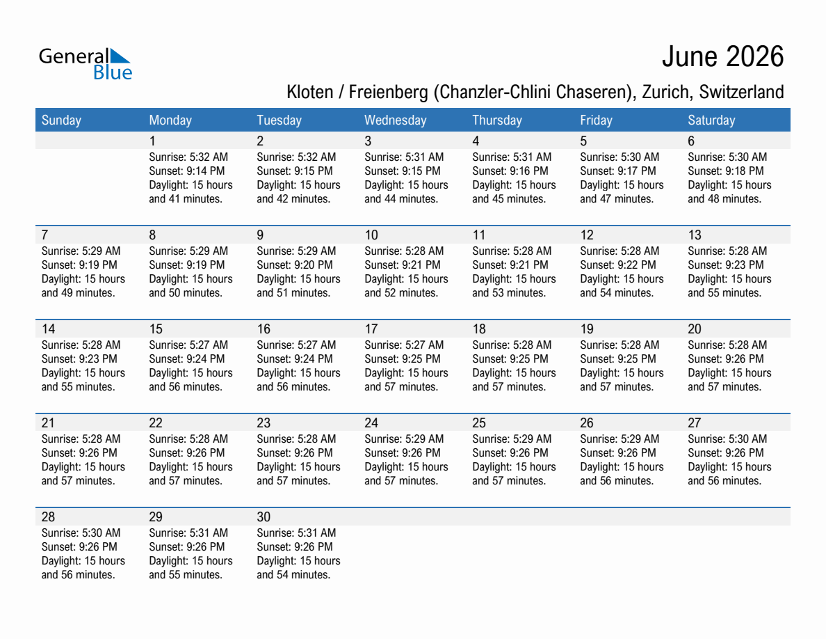 June 2026 sunrise and sunset calendar for Kloten / Freienberg (Chanzler-Chlini Chaseren)