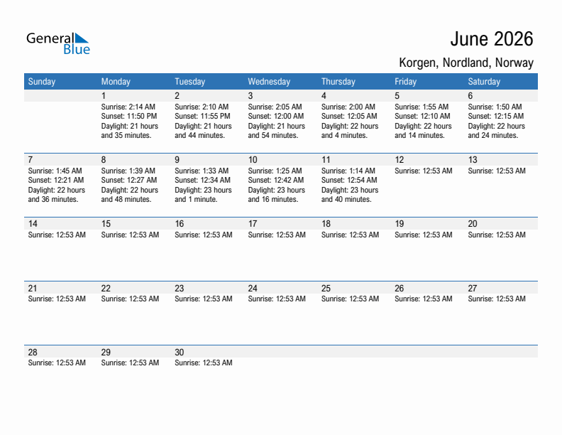 Korgen June 2026 sunrise and sunset calendar in PDF, Excel, and Word