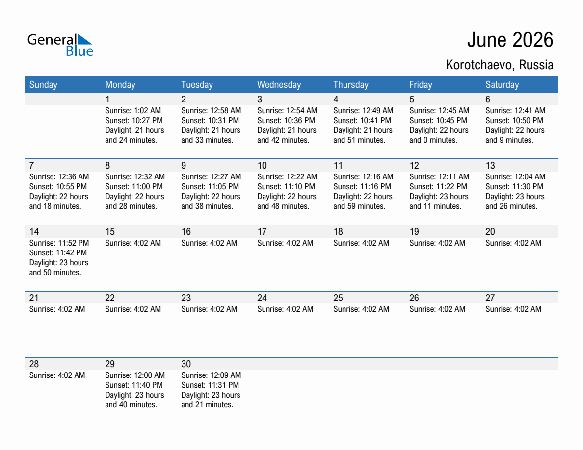 June 2026 sunrise and sunset calendar for Korotchaevo