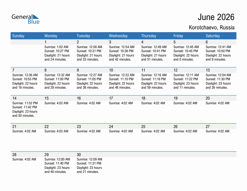 Korotchaevo June 2026 sunrise and sunset calendar in PDF, Excel, and Word