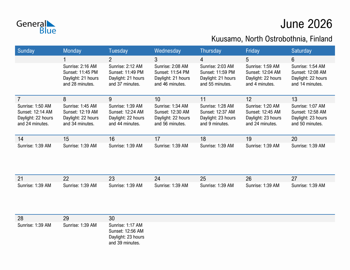 June 2026 sunrise and sunset calendar for Kuusamo