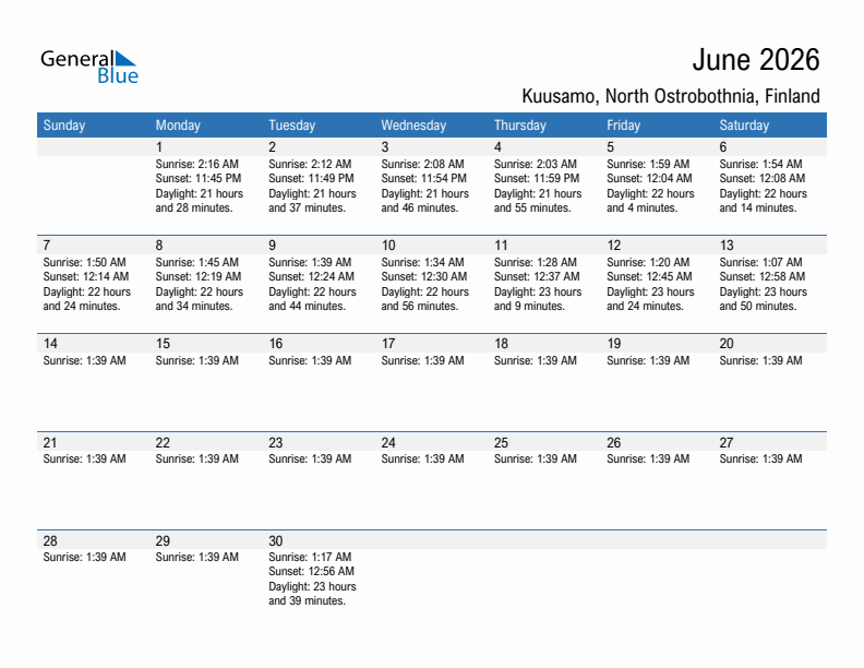 Kuusamo June 2026 sunrise and sunset calendar in PDF, Excel, and Word