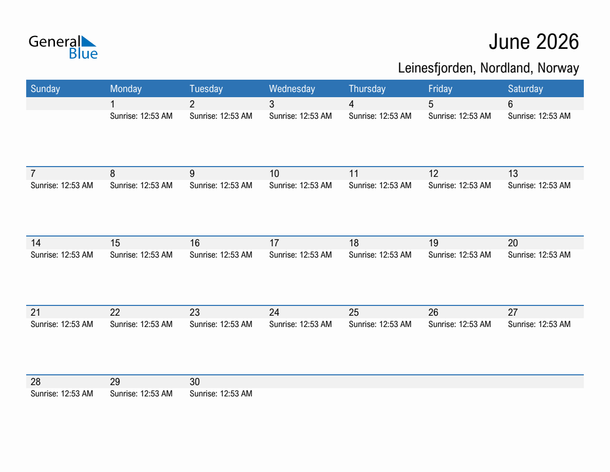 June 2026 sunrise and sunset calendar for Leinesfjorden