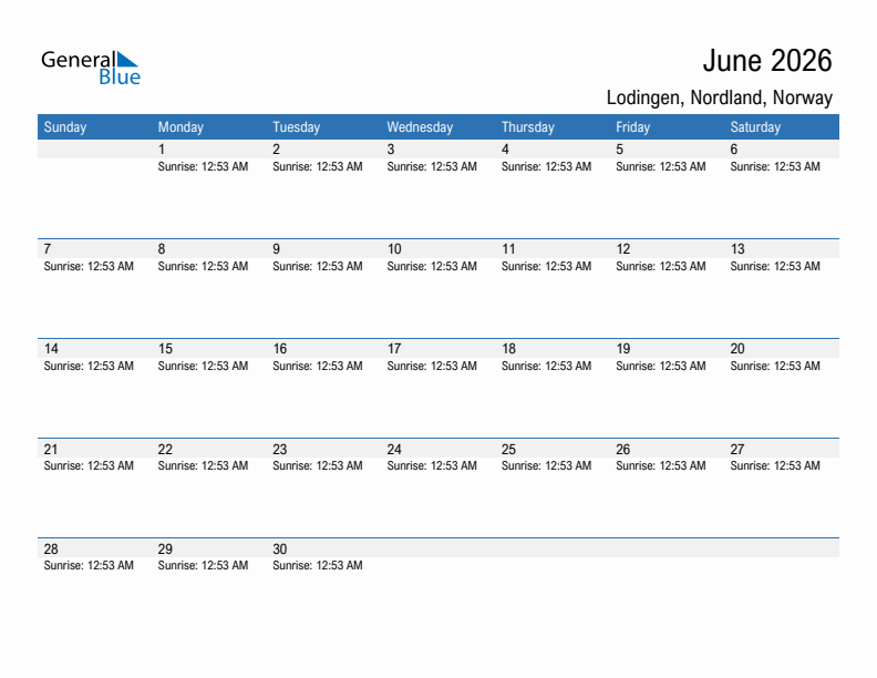 Lodingen June 2026 sunrise and sunset calendar in PDF, Excel, and Word