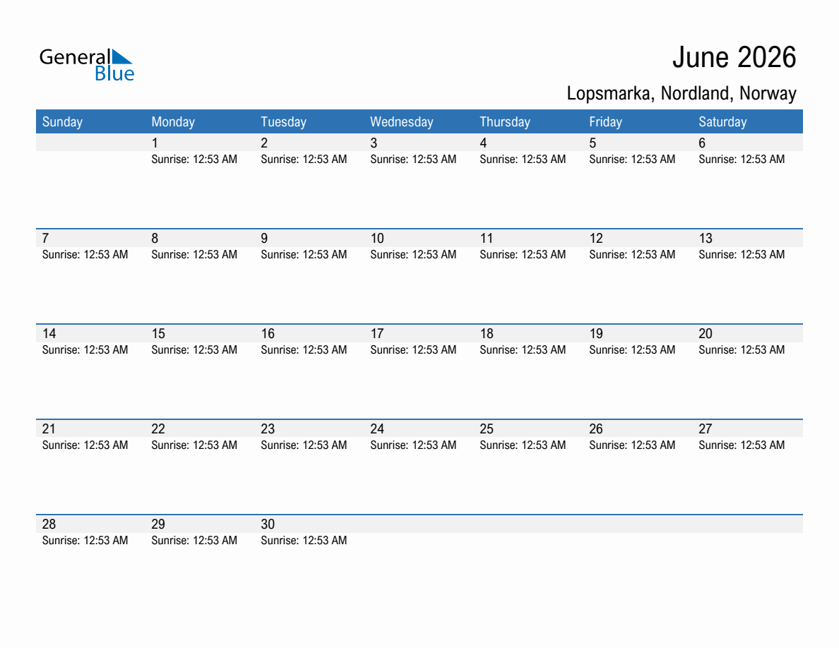 June 2026 sunrise and sunset calendar for Lopsmarka