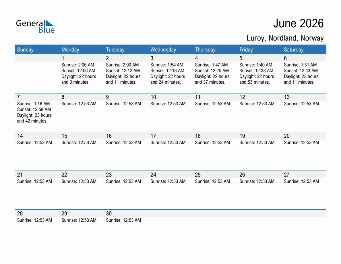 June 2026 sunrise and sunset calendar for Luroy