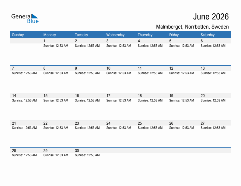 Malmberget June 2026 sunrise and sunset calendar in PDF, Excel, and Word