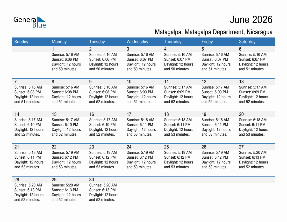 June 2026 sunrise and sunset calendar for Matagalpa