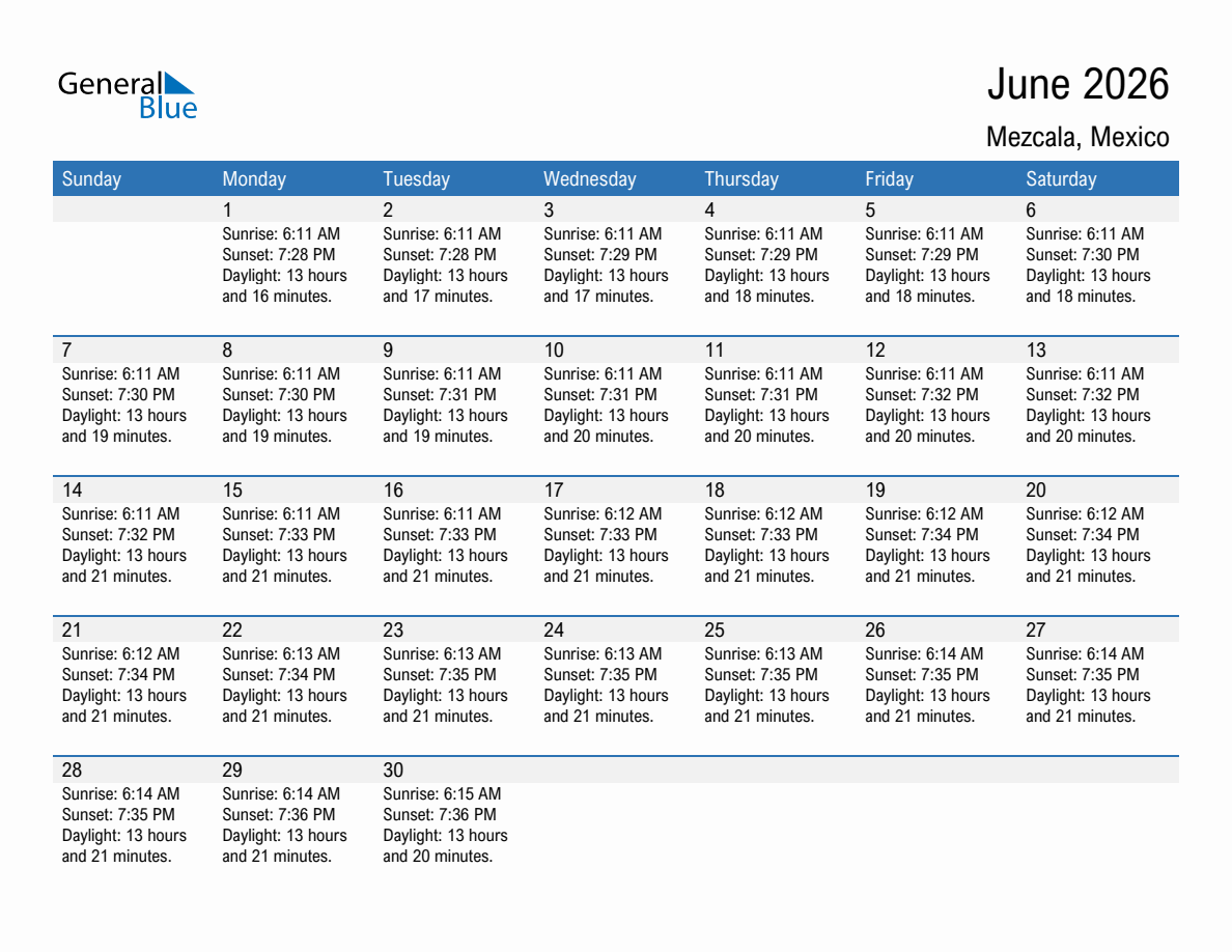 June 2026 sunrise and sunset calendar for Mezcala