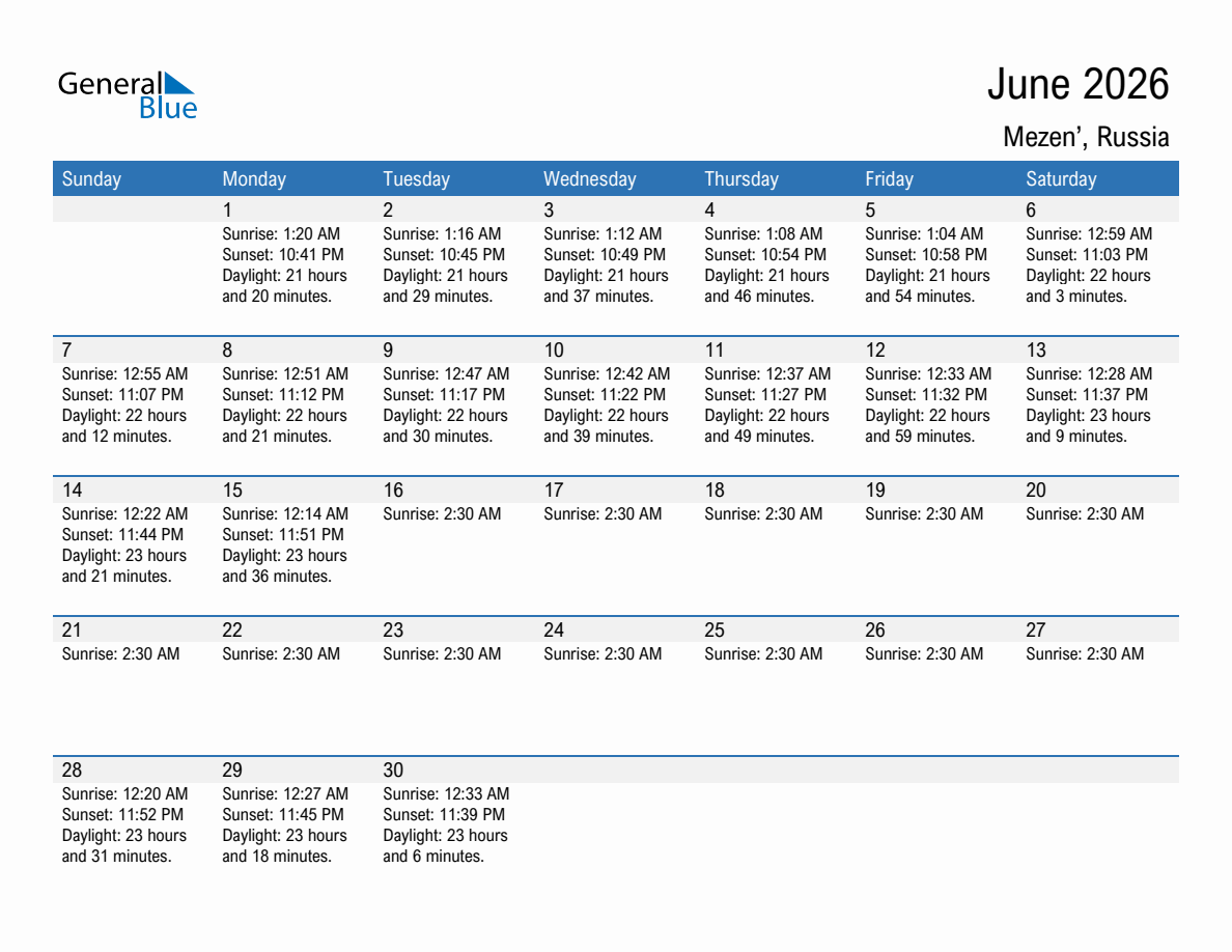 June 2026 sunrise and sunset calendar for Mezen'