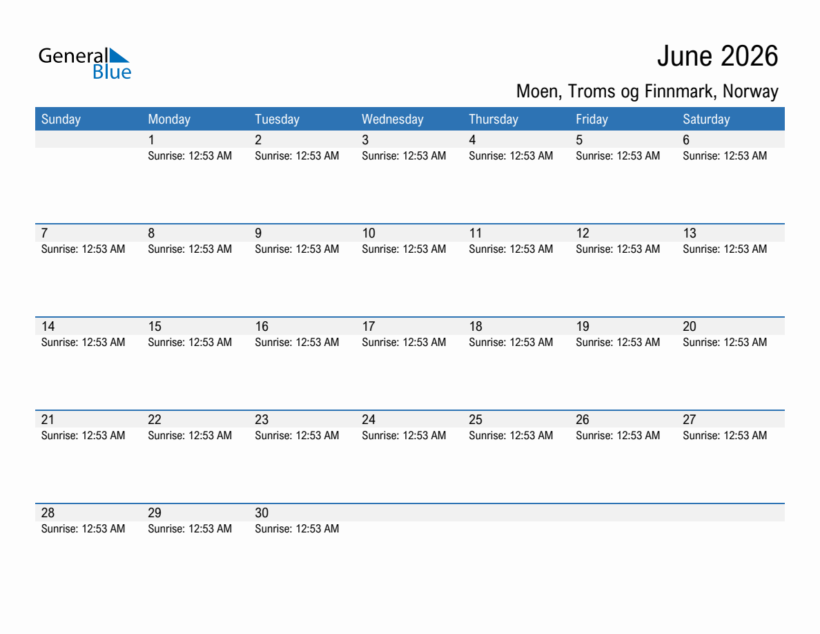 June 2026 sunrise and sunset calendar for Moen