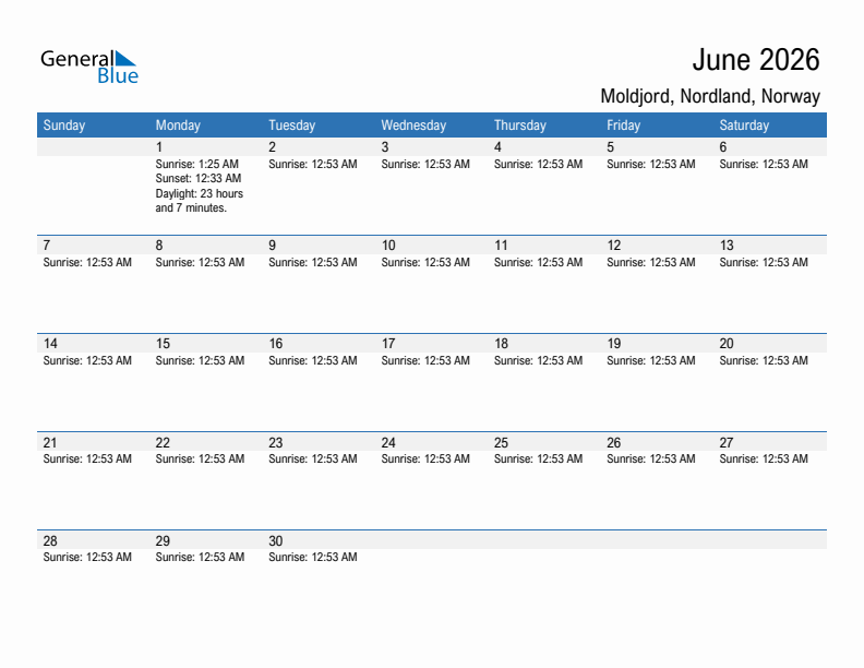 Moldjord June 2026 sunrise and sunset calendar in PDF, Excel, and Word