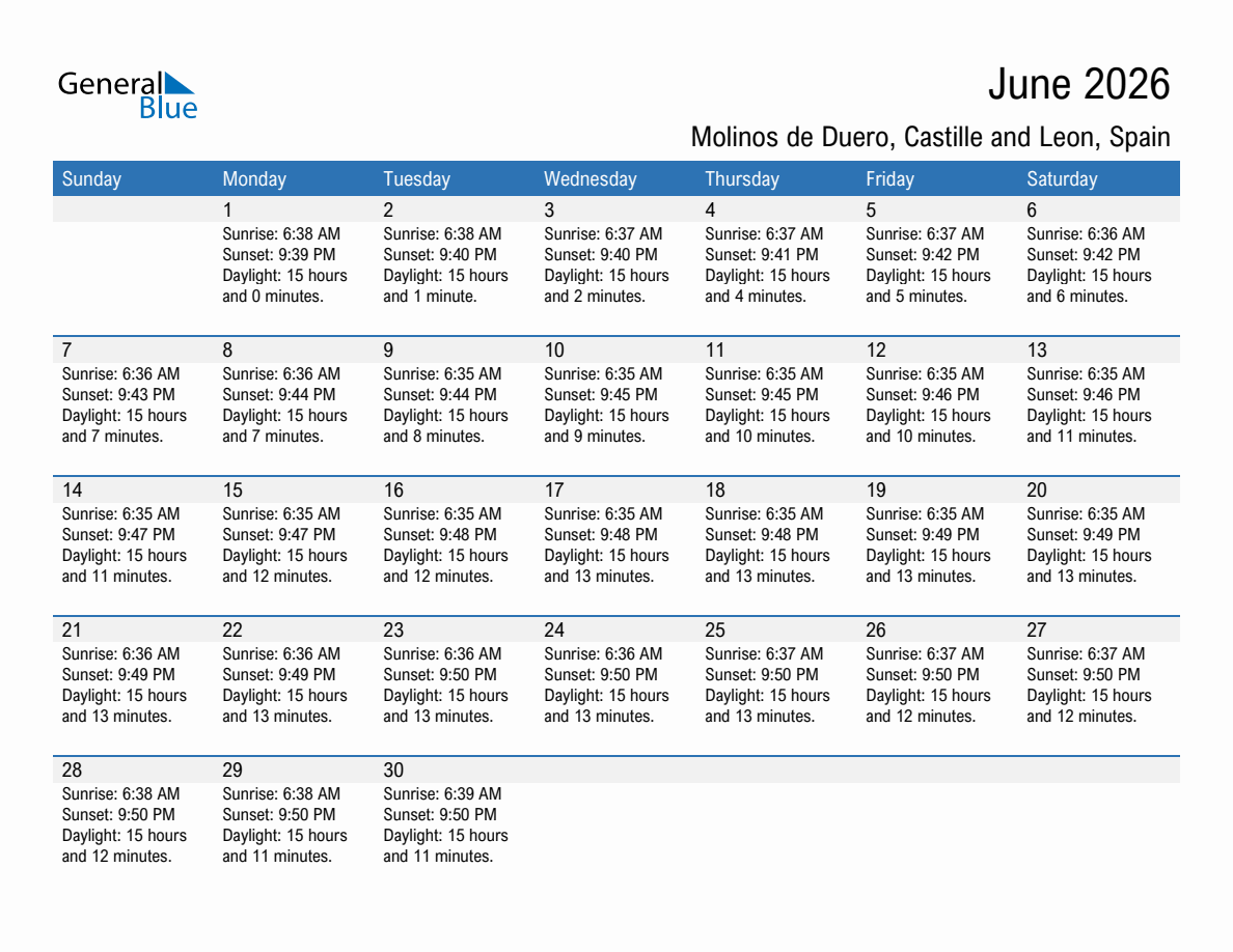 June 2026 sunrise and sunset calendar for Molinos de Duero