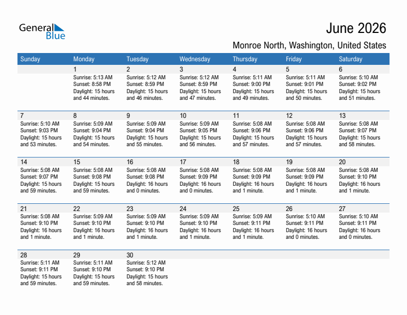 Monroe North June 2026 sunrise and sunset calendar in PDF, Excel, and Word