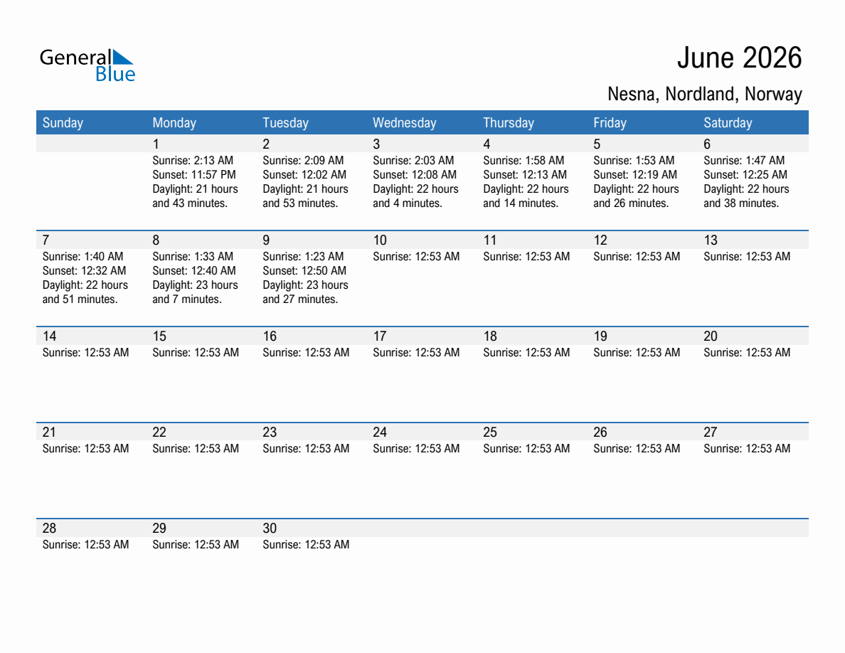 June 2026 sunrise and sunset calendar for Nesna