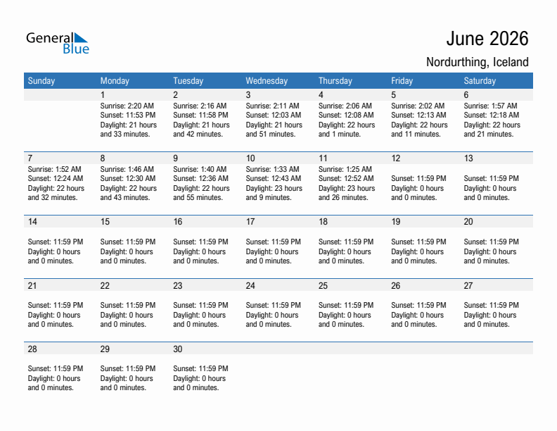 Nordurthing June 2026 sunrise and sunset calendar in PDF, Excel, and Word